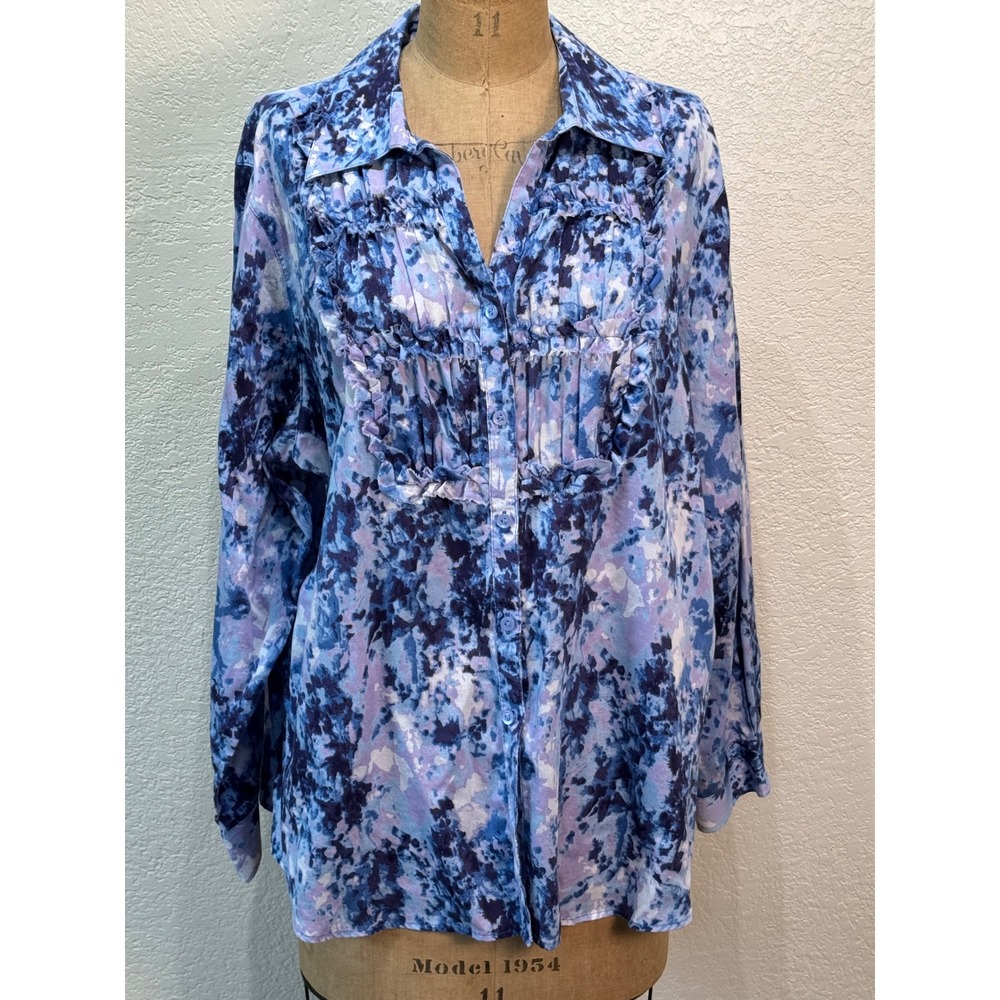 Foxcroft Wrinkle Free Shaped Fit Blue Purple Abstract Ruffle Blouse 18W Cotton